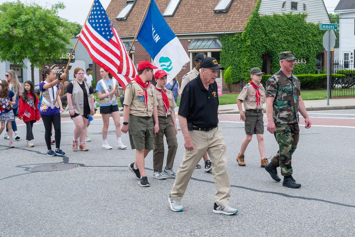 Franklin Veterans Joe Collins and Chuck Bailey marched with Boy and Girl Scout troops in Parade