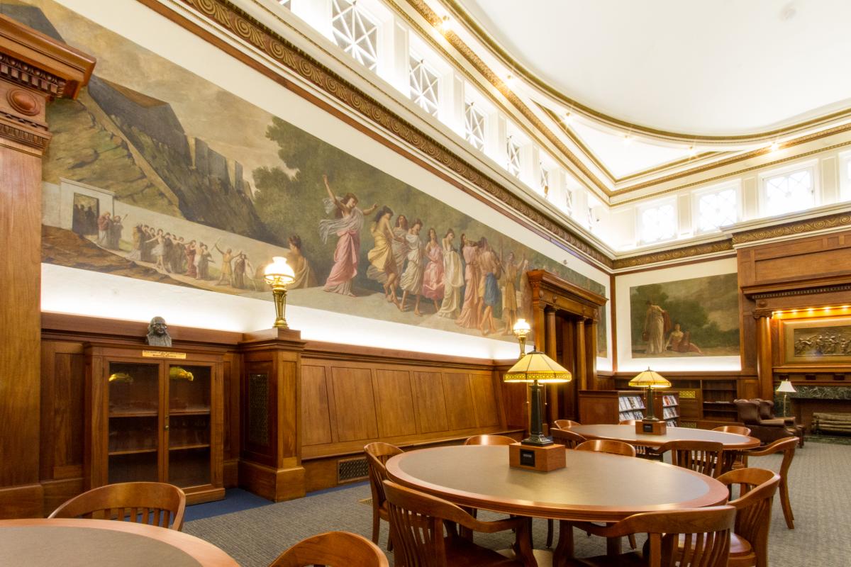 Library Mural Room Seating Area with Tables 4