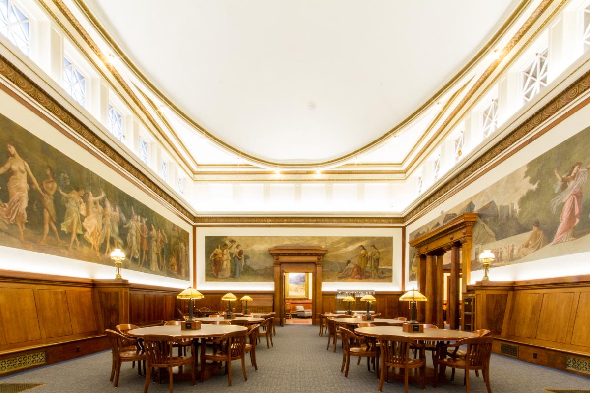 Library Mural Room Seating Area with Tables 5