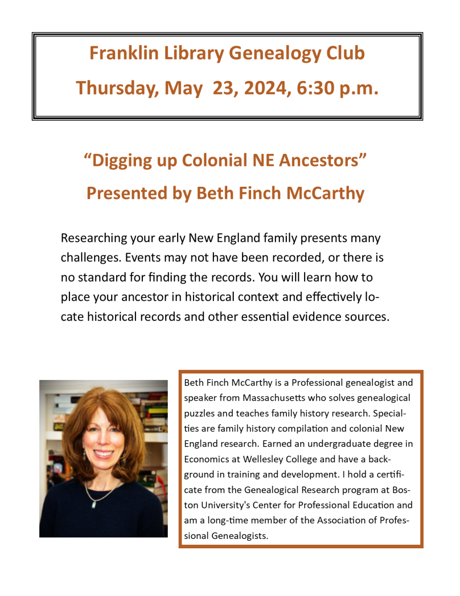 genealogy club flyer for May 2024
