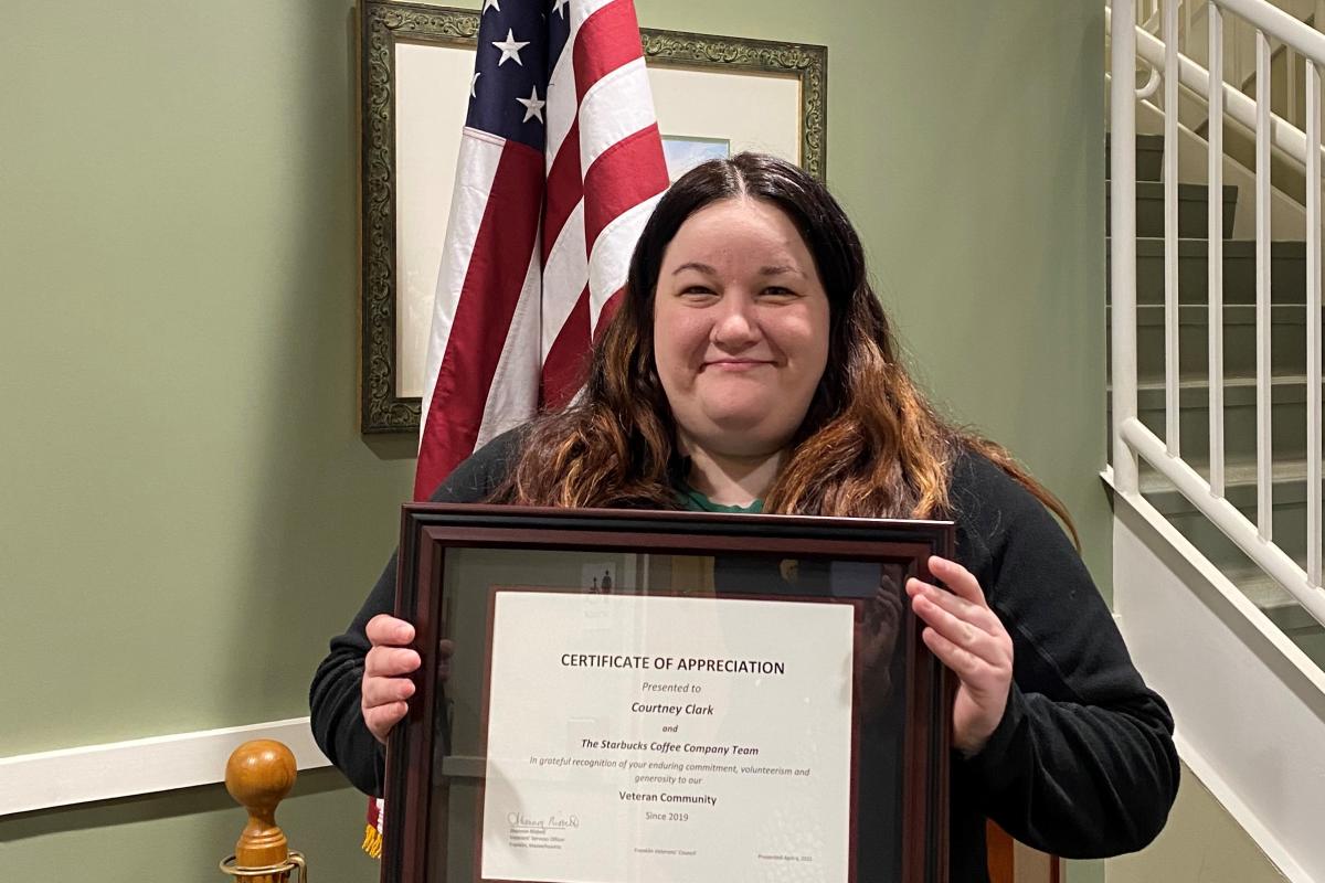 Starbucks store manager Courtney Clark is awarded a certificate of appreciation from Franklin Veterans' Services  - April 2022