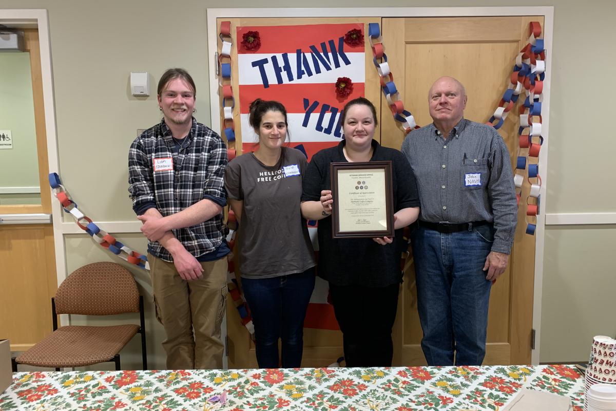 In 2019, Veterans' Services awarded a certificate of appreciation to Starbucks in Franklin for their generous support of our monthly Veterans' Coffee Socials.