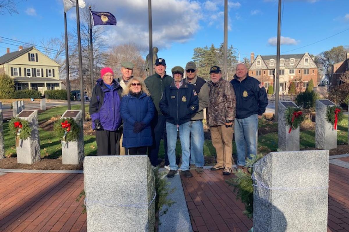 Volunteers hung holiday wreaths on the Veterans Memorial Walkway to honor Franklin's 45 Fallen Heroes - December 3, 2021.