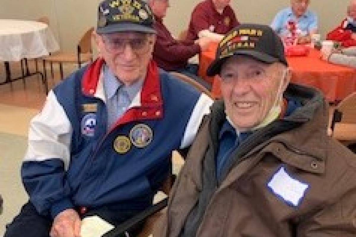 WWII Vets Cas Salemi and Bob Catalano, both 99 years young, enjoyed themselves at the February 2022 veterans coffee social 
