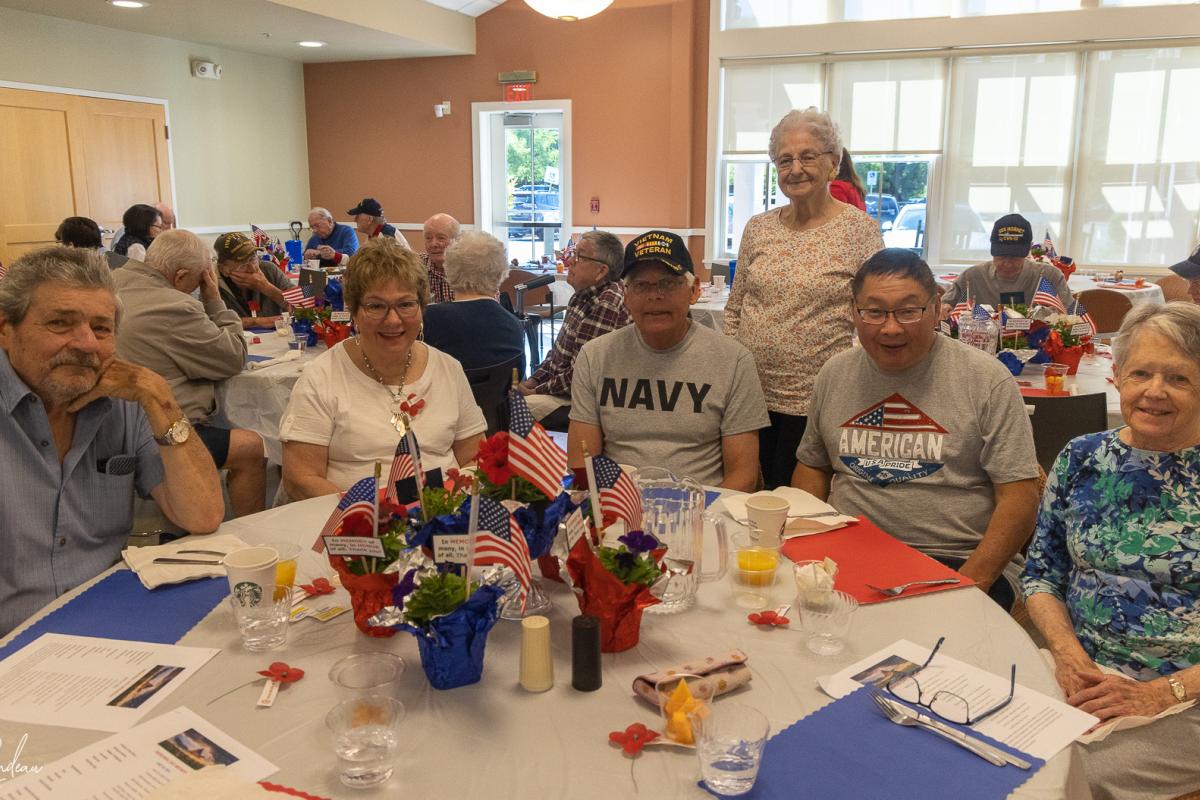 Franklin Veterans John Doucette, Joe Lesica and Lester Quan with family and guests at the 2023 Memorial Day Breakfast. (Photo by Linda Rondeau)
