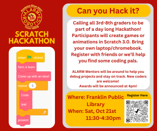 Scratch Hack-A-thon for 3rd-8th grade oct 21 11:30 AM - 4:30 PM QR code registration link is in the description.