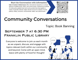 Image: Community Conversations October 5th 6:30 PM Topic Book Banning No registration required.