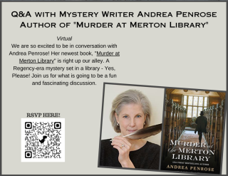 Q&A with Mystery Writer Andrea Penrose Virtual Oct 12 7:00 PM QR code for zoom link in description 