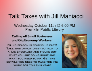 Talk Taxes with Jill Maniacci flyer with date time and description