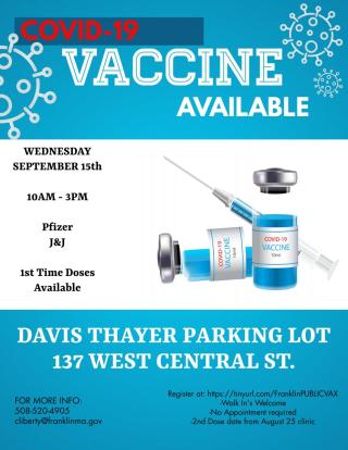 COVID-19 Vaccination Clinic - September 15th, 2021. Pfizer & J&J available.