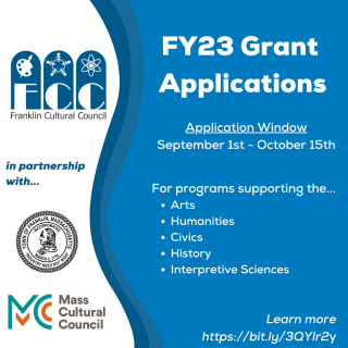 Franklin Cultural Council Logo, Town of Franklin Logo and Mass Cultural Council Logo promoting FY 23 Grant Applications