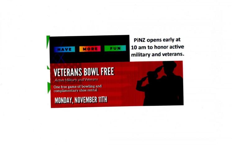 PINZ Honors Vets with Free Bowling on Veterans' Day