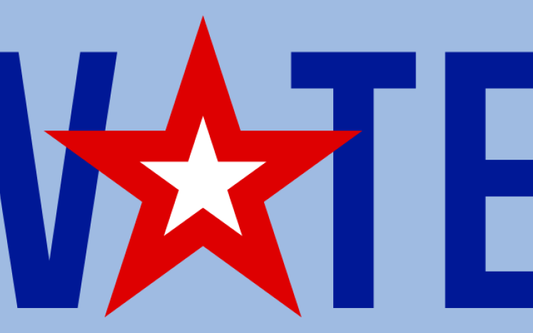 Light blue background with the word vote capitalized. The letter O in vote is a red star with a smaller while star in the middle